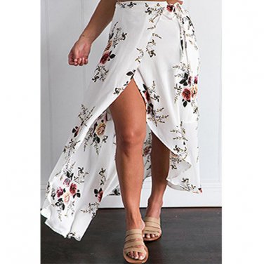 Vintage floral print long skirts women Summer elegant beach maxi skirt 2017 Boho high waist white as