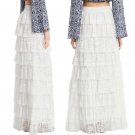 New Casual Women\'s Lace Long Elastic Flowy Pleated High Waist White Beige Colors Boho Maxi Straight