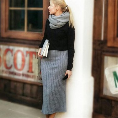 ELEXS Women Winter Long Woolen Skirt Elastic Waist Pencil Skirt Woman Office Skirt Jupe Vintage Femm