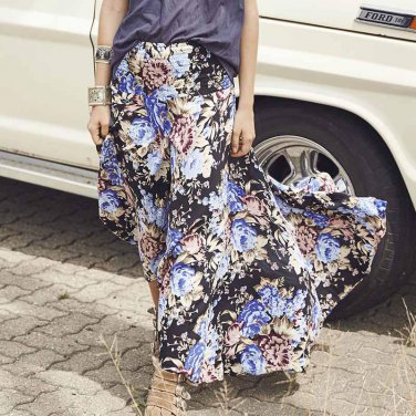 Boho Shirred Waist Long Maxi Skirt Women Vintage Floral Print Front Split Skirts Gilrs Beach Skirt S