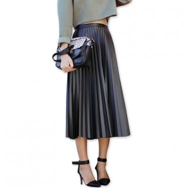 PU Leather Skirt Hot Explosion Models Retro Big Swing Pleated Skirt High Quality Skirts Fall 2017 Fa