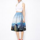 Elegant OL City Print Women Mid Skirt High Waist Ball Gown Pleated Fashion Delicate Skater Skirts Wo
