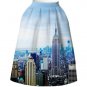 Elegant OL City Print Women Mid Skirt High Waist Ball Gown Pleated Fashion Delicate Skater Skirts Wo