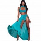 2017 Summer Women Chiffon Beach Dress Set Sexy Halter Cropped Tops Long Split Skirt Female Maxi Casu