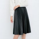 Donna New 2017 Women Black Faux Leather Skirt Knee-Length Vintage High Waist A-Line Pleated Skirt Fe