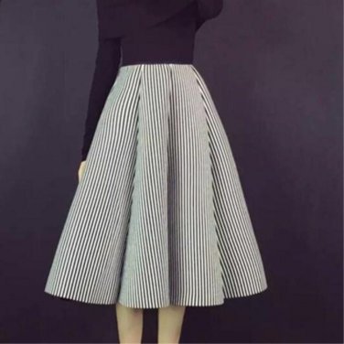 Autumn black and white vertical striped tutu skirts autumn long section retro space cotton