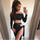Women\'s 2-Piece Dress Sexy Slash Neck Off Shoulder Long Sleeve Cropped Tops T-shirt + Lace-up Irreg