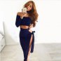 Women\'s 2-Piece Dress Sexy Slash Neck Off Shoulder Long Sleeve Cropped Tops T-shirt + Lace-up Irreg