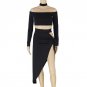 Women\'s 2-Piece Dress Sexy Slash Neck Off Shoulder Long Sleeve Cropped Tops T-shirt + Lace-up Irreg