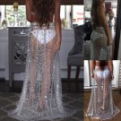 Uown Summer Sexy Beachwear Rhinestone Long Sequin Skirt Loose Side Split Mesh See Through Gold Maxi 