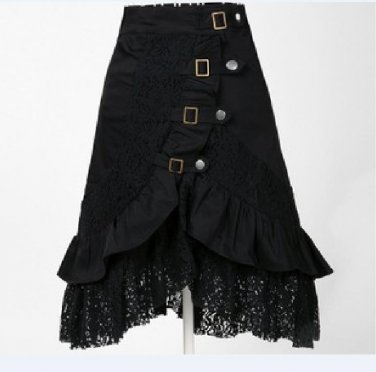 Steampunk Gothic Style Black Lace Patchwork Midi Skirt Metal Button Skirts Women Fashion Punk Tutu L
