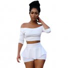 Women 2 Piece Set Sexy Slash Neck Off Shoulder Crop Tops + Pleated Skirt Shorts Solid White Summer C