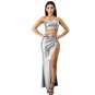 Sexy Shiny Silver/Golden High Slit Long Skirt Women\'s Party Nightclub 2 Piece Set Solid Chest Wrap