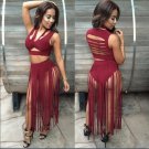 2018  Summer Europeantop Skirt Set Sexy Back Hollow Out Fashion Women Suit 2 Piece Tassel Bandage Wo