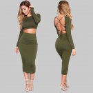 Sexy bodycon bandage dress 2 piece set Women Crop Tops and midi slim pencil Skirt clubwear Outfit TC