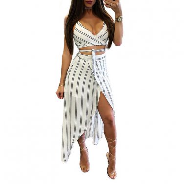 Crop Tops and Skirt Set Summer Striped Women 2 Piece Set Sexy Deep V Backless Bandage T-shirt + High