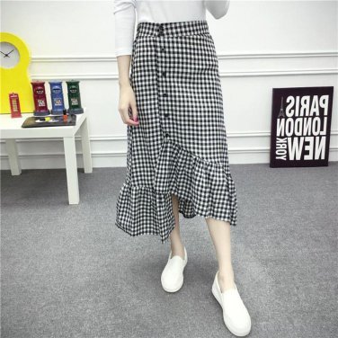 2017 Winter Women Irregular Black Plaid Skirt Female Slim Fashion Elastic Waist Mid Calf Long Lower 