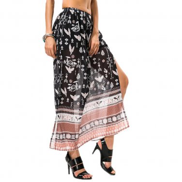 Boho Women Black Maxi Skirts Elastic Waist Split Women\'s Long Skirt Plus Size Blue Faldas Mujer Sex