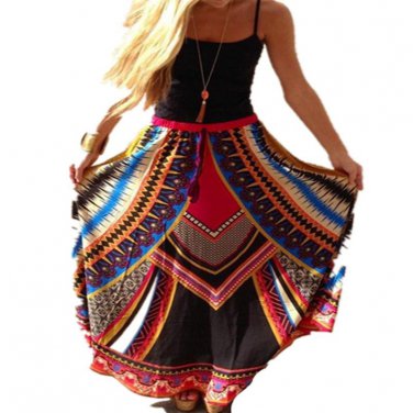 Summer Thai Wind Print Women Big Hem Long Maxi Skirt Boho Sexy Lace Up Belt Skirts Womens