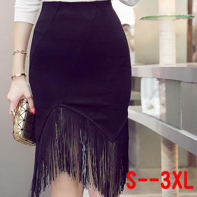2018 spring Sexy Black Package Hip Skirts Women Fashion Fringed High Waist Asymmetrical Faldas S-3XL
