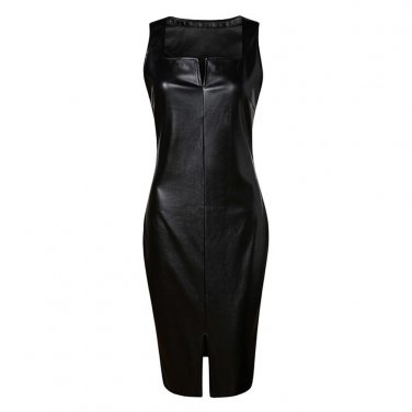 Women\'s Pu Leather Sleeveless Bodycon Pencil Party Zipper Dress Sexy Cocktail Midi Bodycon Dress