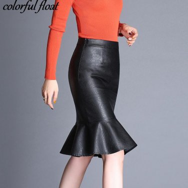 Fishtail PU skirt skirtS autumn winter models high waist fashion a word leather skirt large size lot