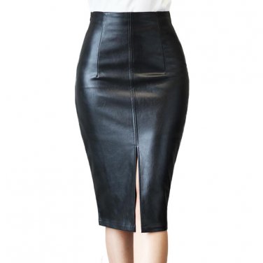 Plus Size Leather Skirt Winter 2017 Fashion Black Knee Length Pencil Skirt Slim Office Women Skirt V
