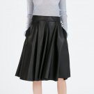 WBCTW Black PU Faux Leather A-line Midi Women Autumn Solid Mid-calf Pleated Skirt With Pockets 9XL 1