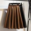 women 2017 autumn winter new fashion mid skirt PU leather belted pleated ladies high quality a-line 