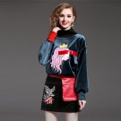 women leisure autumn and winter outfit long-sleeved fleece coat short skirt two-piece female embroid