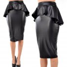 Free Shipping 2017 New  High Quality Women\'s Plus Size Matte Black PU Leather High Waist Peplum Kne