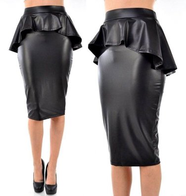 Free Shipping 2017 New  High Quality Women\'s Plus Size Matte Black PU Leather High Waist Peplum Kne