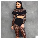 2017 Women Summer Two Pieces Sets Hollow Out Skirts And Long Sleeves Tops Ruffles Fashion Black Fema