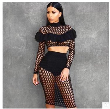 2017 Women Summer Two Pieces Sets Hollow Out Skirts And Long Sleeves Tops Ruffles Fashion Black Fema