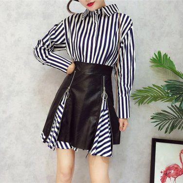 Newest 2017 2 Piece Set Fashion Fall Women Stripe Long Blouse Top And Zipper PU Skirt Suits Women Cl