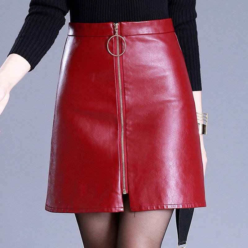 2017 Autumn Winter Trendy Full Zipper Skirt Casual PU Leather Skirts Middle Waist Pencil Mini Chic S