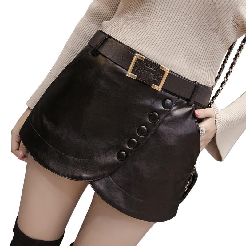 2017 New Women\'s Black Leather Shorts Skirts High Waist Skinny Buttons Side Zipper PU Shorts Plus S