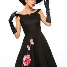 Sleeveless Floral Pleated Embroidery Black Women\'s Day Dress