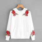 Fashion White Blouse Womens Long Sleeve Rose Embroidery Applique Hoodie Hooded Tops High Quality Cot