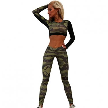 Women Elastic Long Sleeve Crop Tops Pants Trousers Tracksuit Clothes