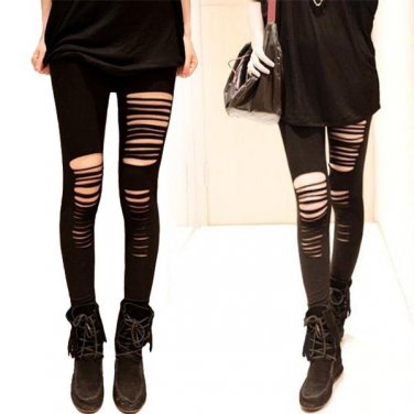 Basic Strech Holes Ripped Punk Rock Fashion Women Slim Tight Trousers Dancing Pants  JL