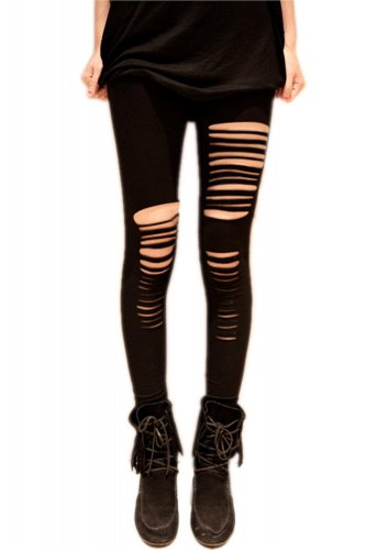 Womens Cut Out Ripped Punk Skinny Pants Hollow Trousers Black Pencil