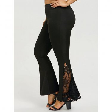 Plus Size Lace Trim Flare Pants Loose Women Trouser Elastic Waist Fitness Sports Yoga Belly Dance Pa