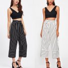 2018 Fashion Womens Ladies Casual Clothes Slim High Waist Flare Wide Leg Pants Vertical Striped Ankl