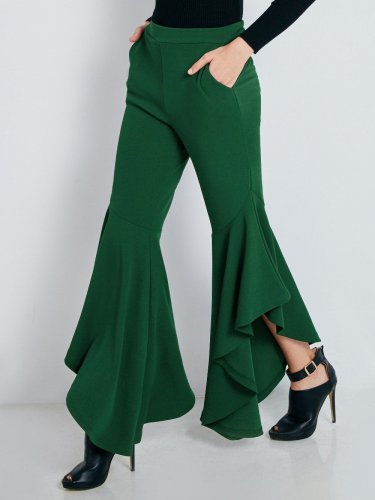 women OL chiffon flare pants high waist drawstring sweet elastic waist skinny pockets casual green b