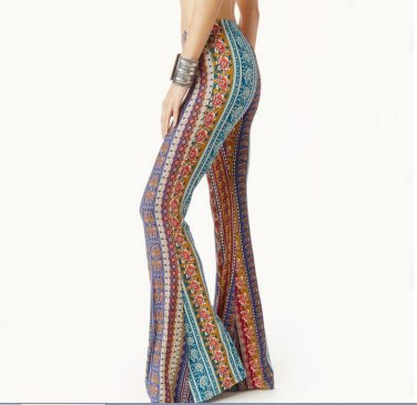 JOYINPARTY Hot Bell Bottom Pants Hippie Boho Multi Paisley Print Stretch Wide Leg Trousers