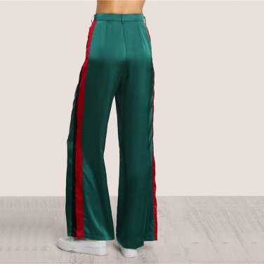 Striped Side Tailored Wide Leg Pants Green High Waisted Pants Zipper Fly Casual Trousers Elegant Loo