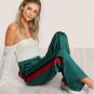 Striped Side Tailored Wide Leg Pants Green High Waisted Pants Zipper Fly Casual Trousers Elegant Loo