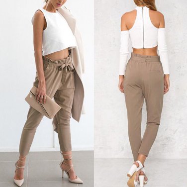 Womens Casual Harem Pants Elastic High Waist Cropped Length Trousers