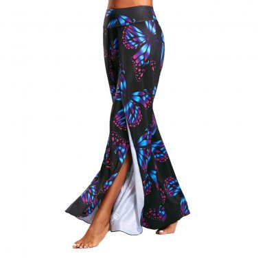 Womens Butterfly Print High Split Flowy Wide Leg Pants Yoga Trousers Quick Dry Breathable Dance Pant